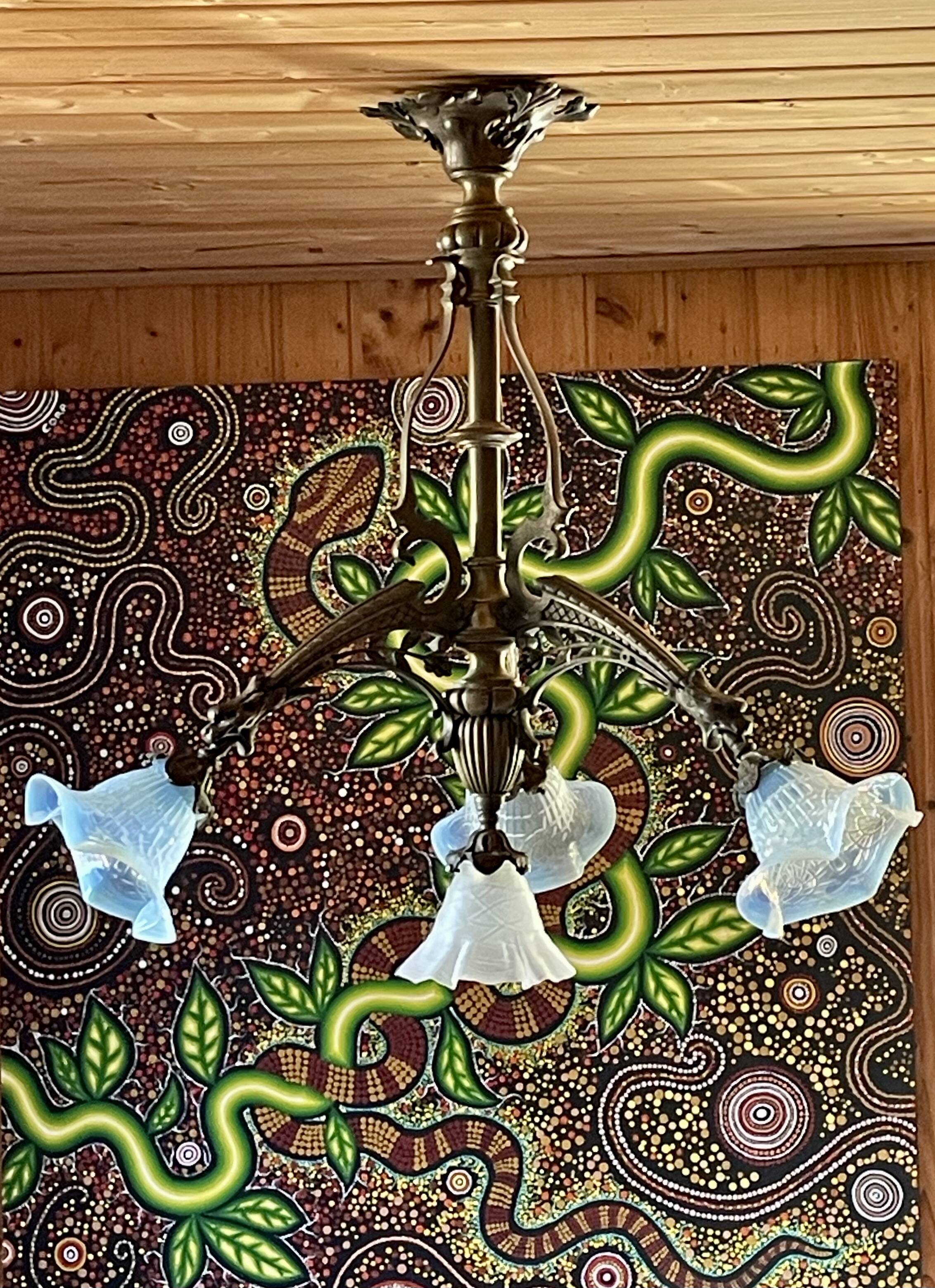 Large bronze chandelier, opaline tulip, early 20th century