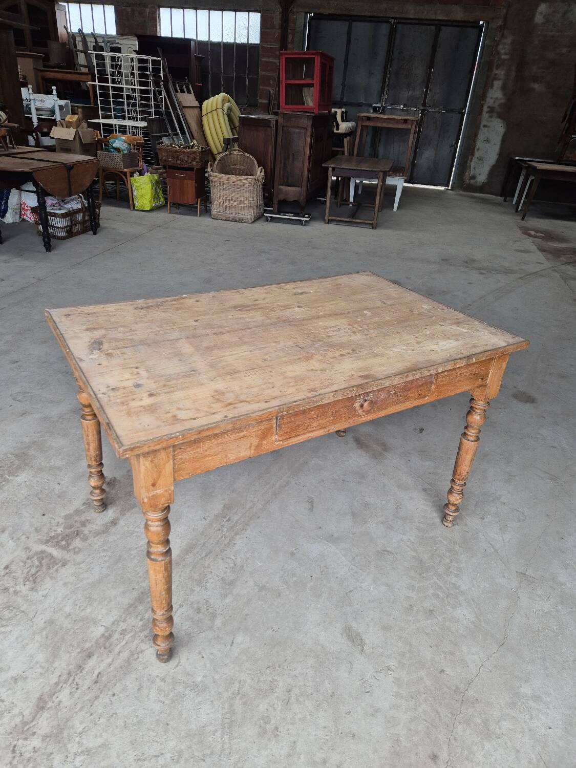 Antique rustic bistro farm table 1900 one drawer - 1m23