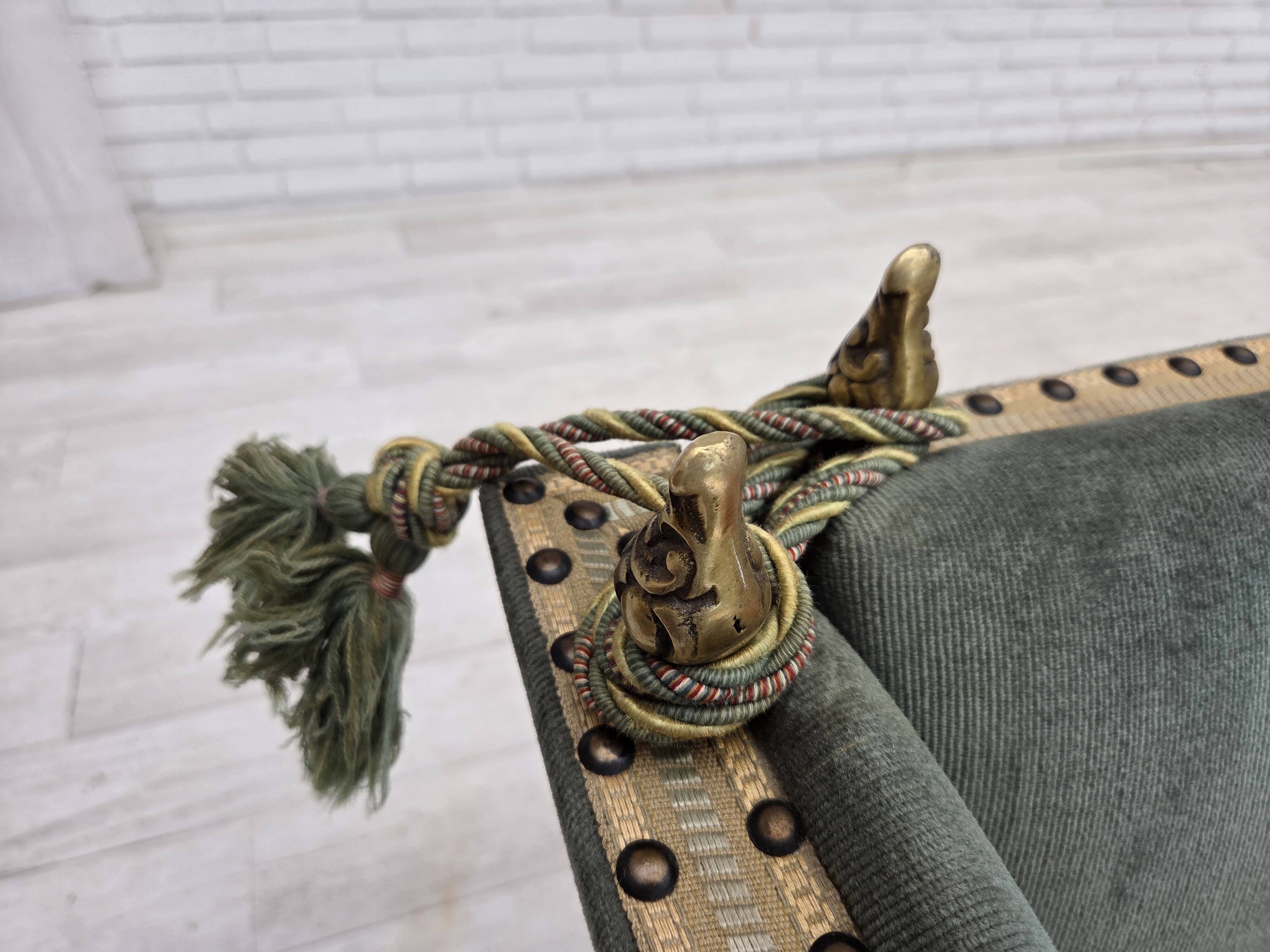 1970s, Danish 2-seater drop arm "Spanish" sofa, green and red velour.