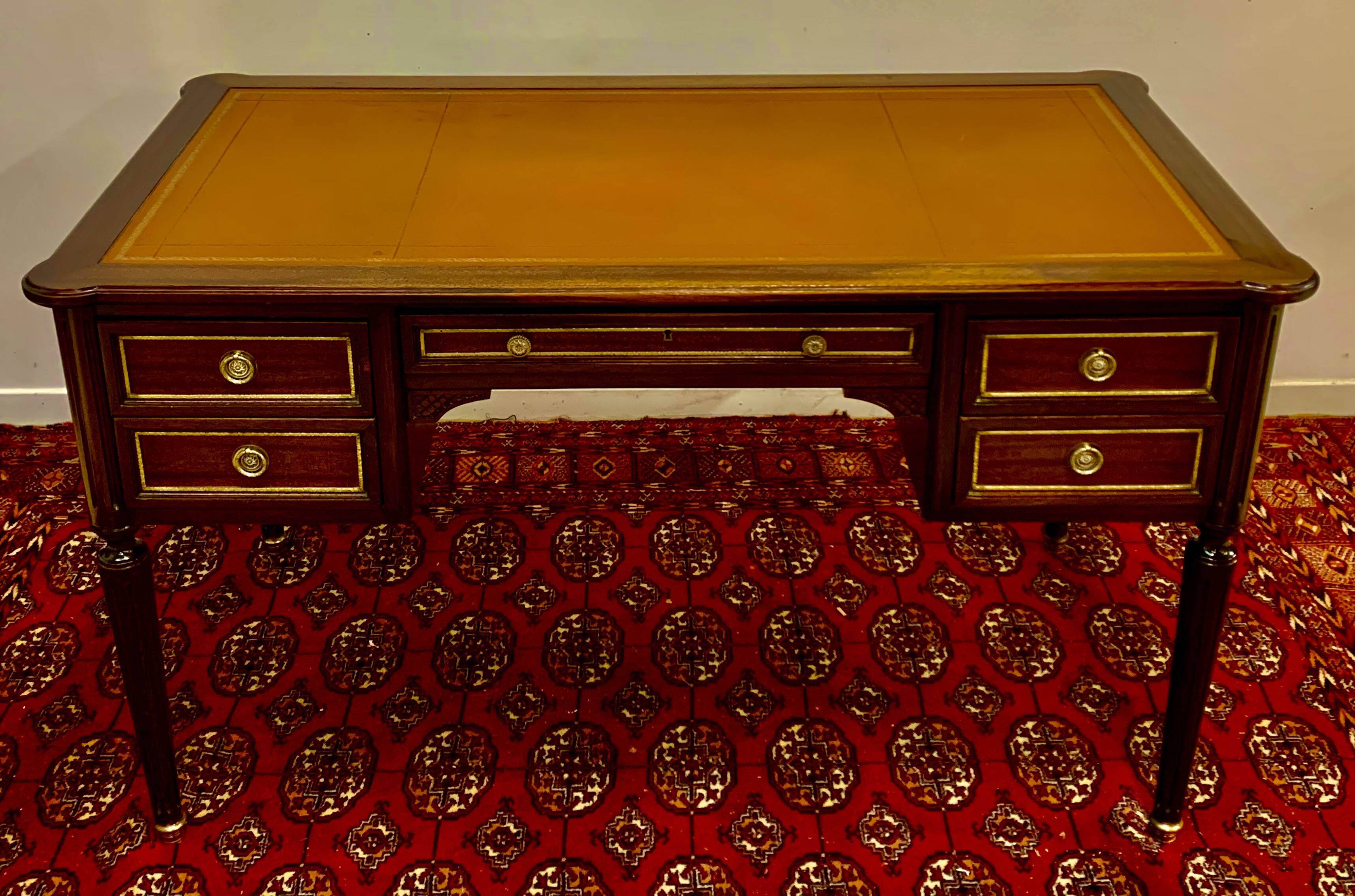 Louis XVI style desk, mahogany, tan leather