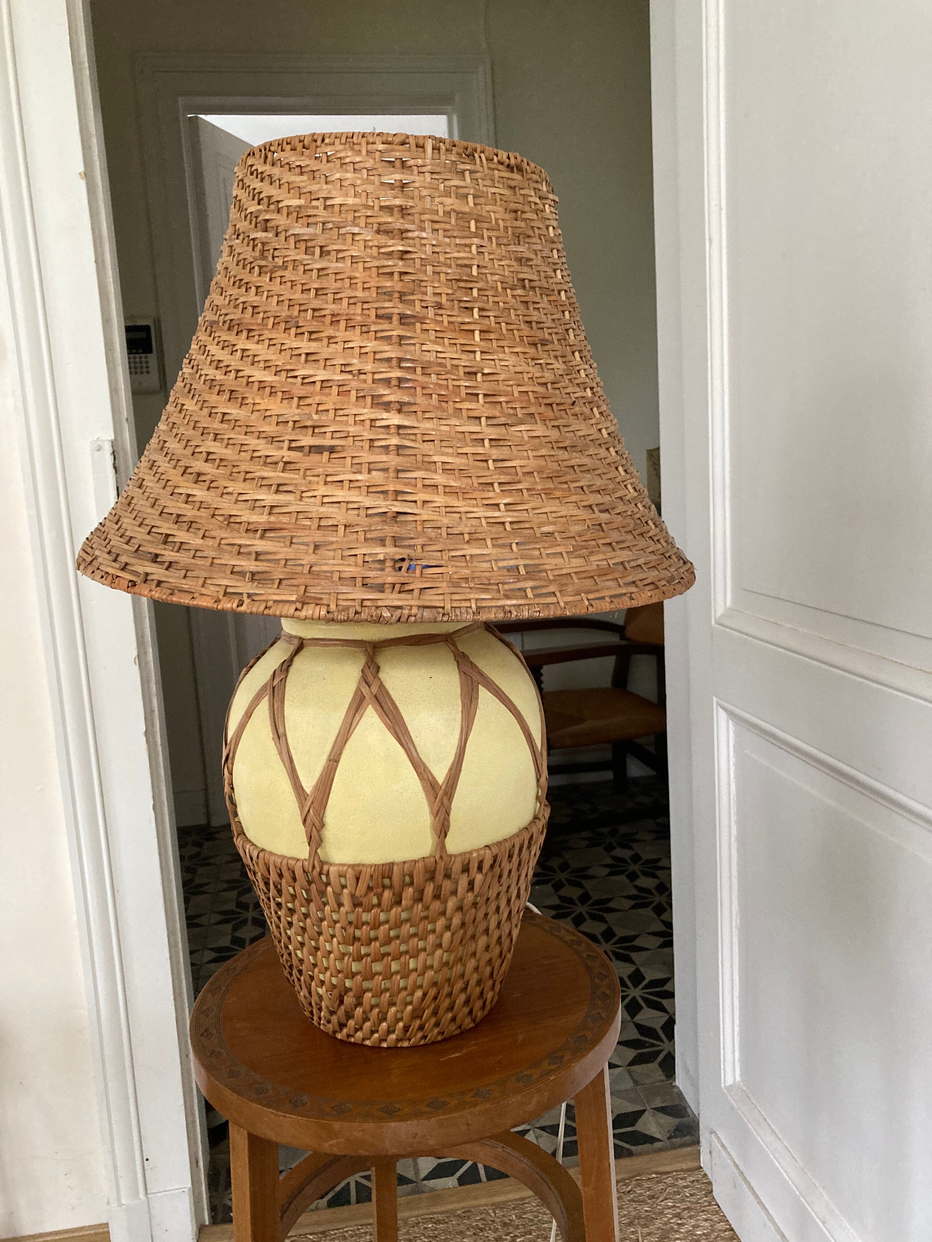 Lamp in rattan and ceramic vintage 1970