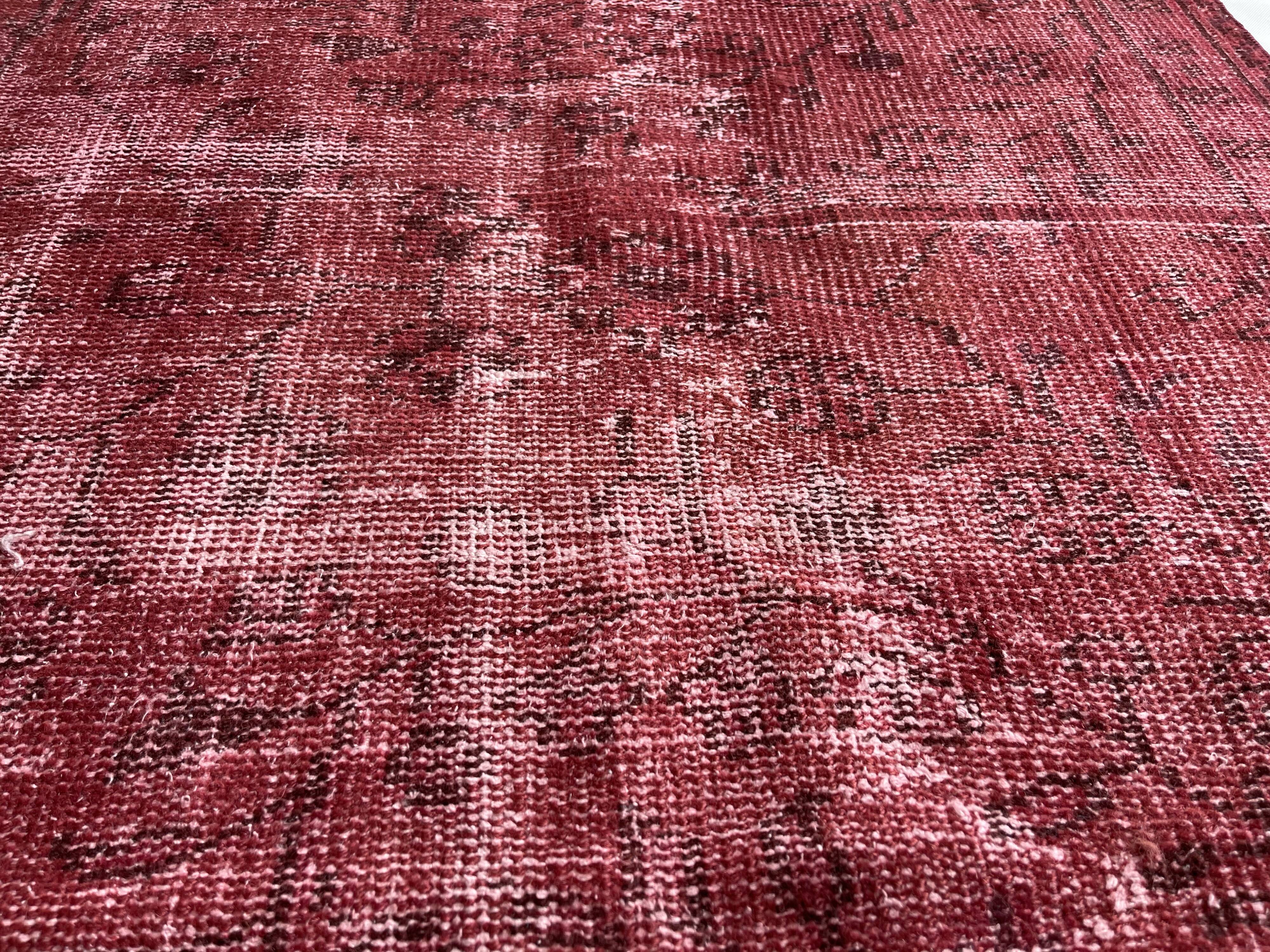Distressed Turkish Narrow Runner 270 x 100 cm Wool Vintage rug, Over-dyed Red