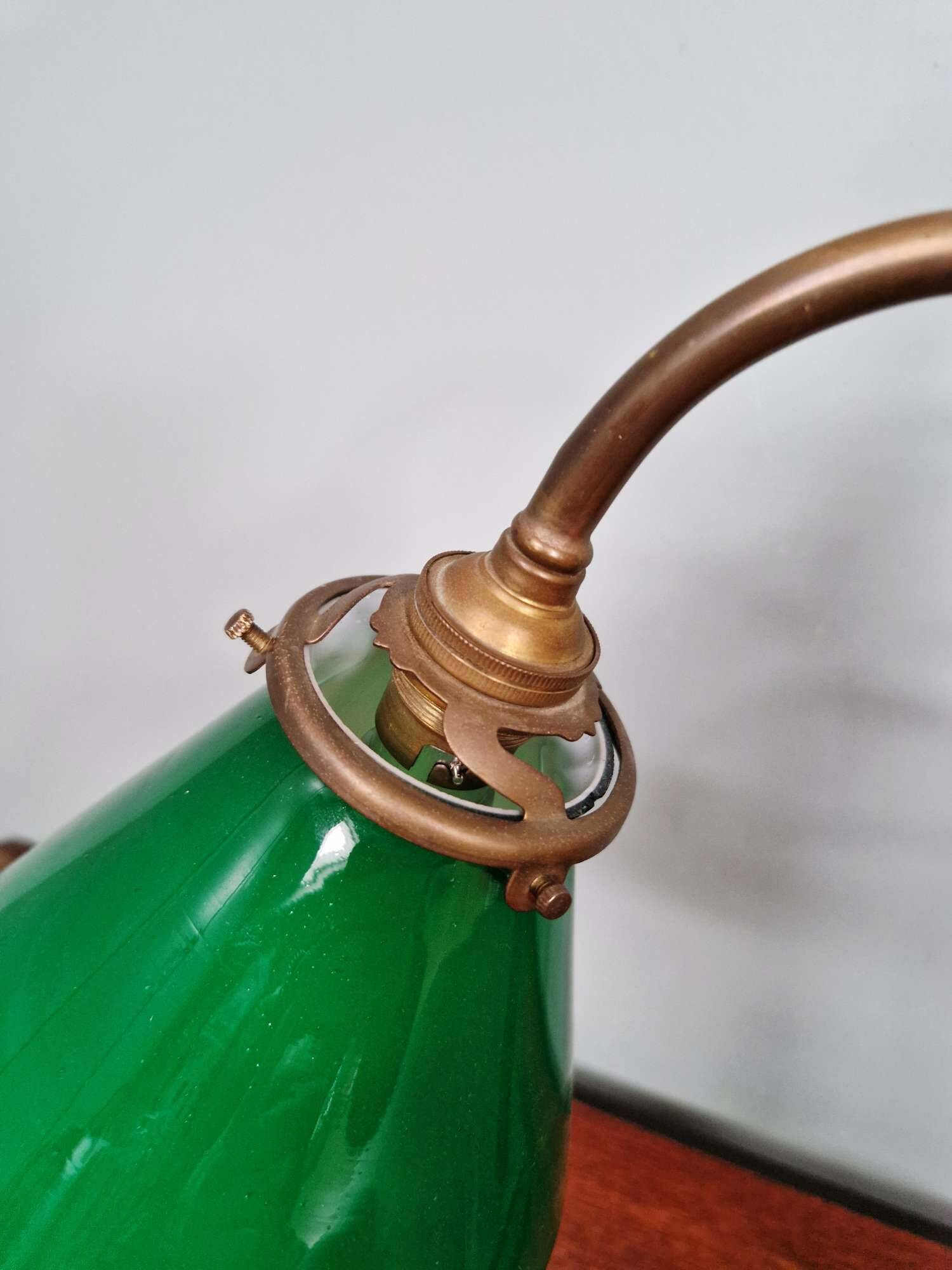 Bronze desk lamp with a green opaline conical shade, 1920.