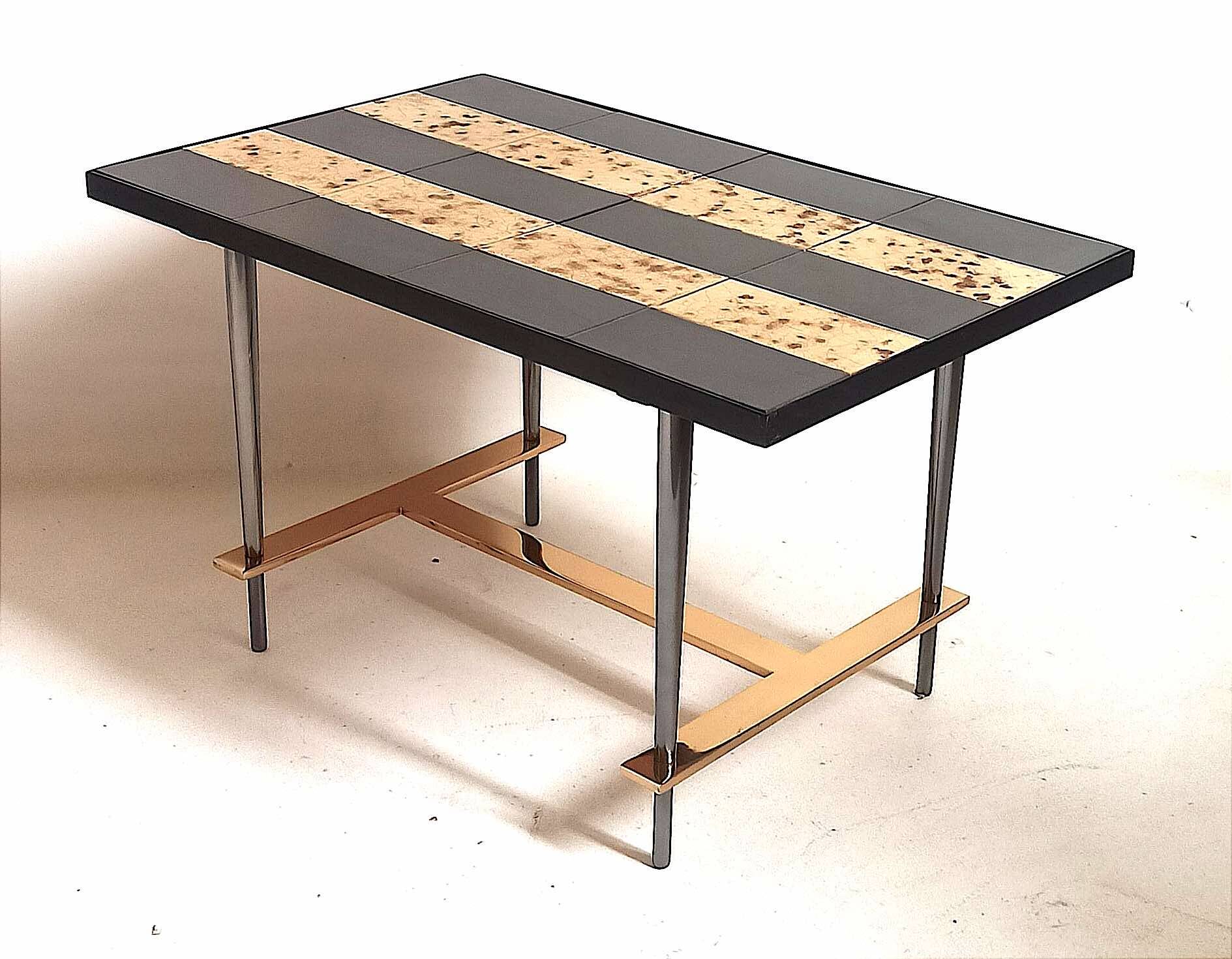 Coffee table with ceramic tiles and gold leaf, height 36 cm, 1950s