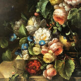 Procédé sur toile rehaussé à la main, bouquet de fleurs sur entablement