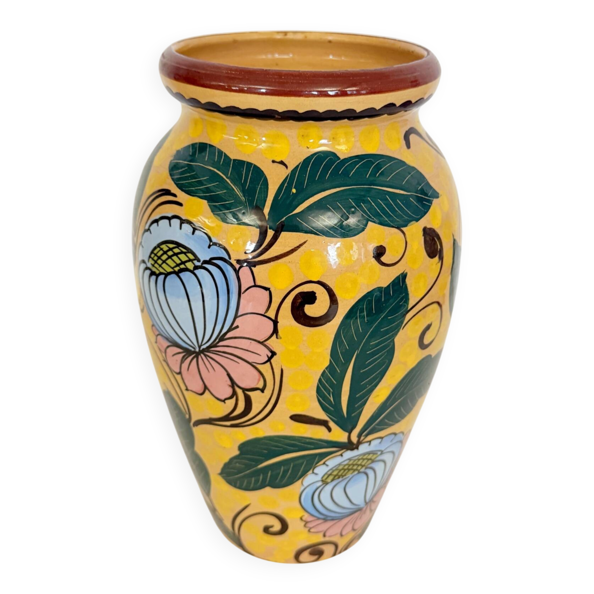 Art Deco Yellow Glazed Earthenware Vase with Futurist Floral Motifs, Italy
