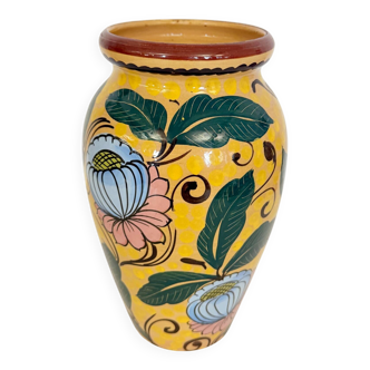 Art Deco Yellow Glazed Earthenware Vase with Futurist Floral Motifs, Italy