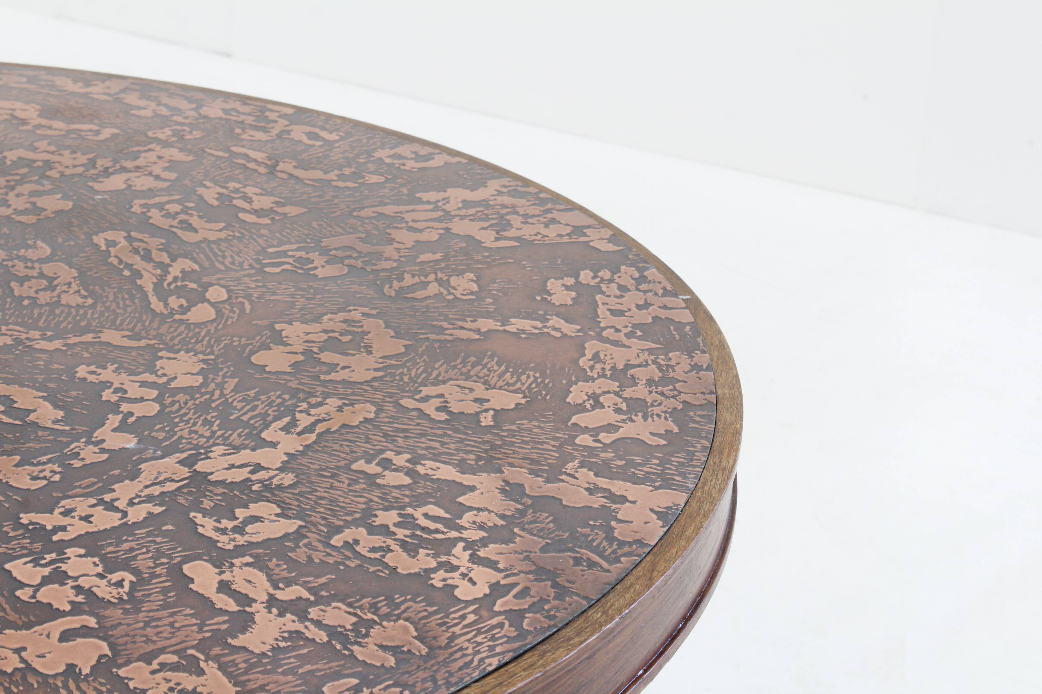 Vintage brutalist copper and wood round coffee table 1970s