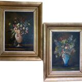 F. Domínguez, floral bodegones, 1945, oil on cardboard box, game of 2