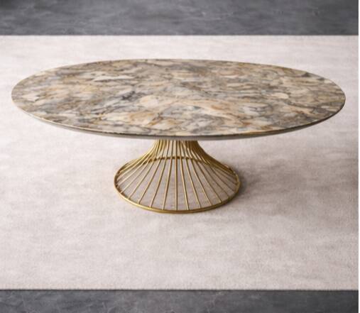 Extendable oval table in ceramic with marble effect and golden central base – Sty
