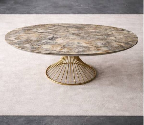 Table extensible ovale en céramique effet marbre et pied central doré – Sty
