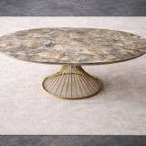 Extendable oval table in ceramic with marble effect and golden central base – Sty