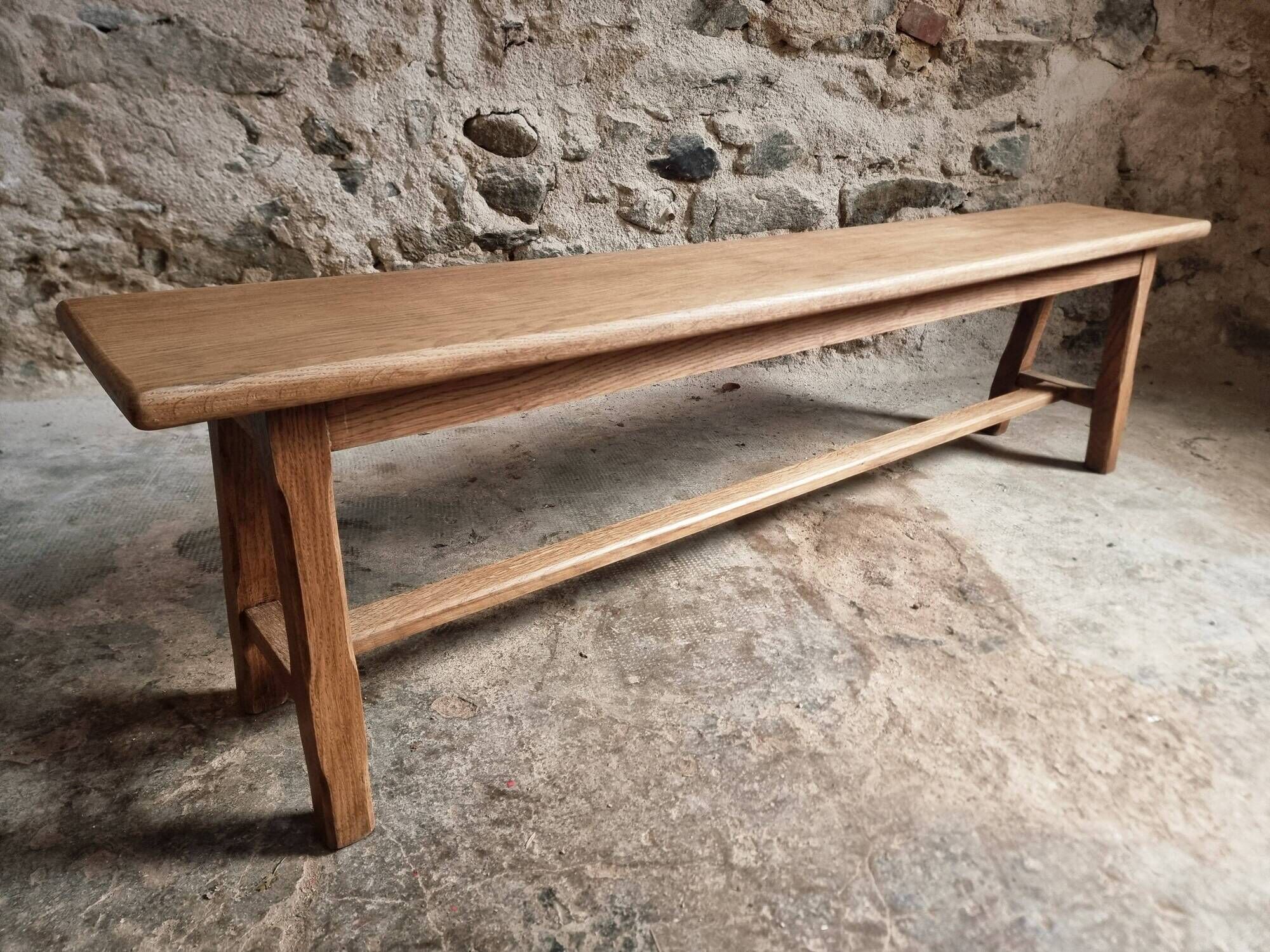 Vintage oak bench, solid wood dining bench, rustic farmhouse bench, French country style, circa 1950–1965.