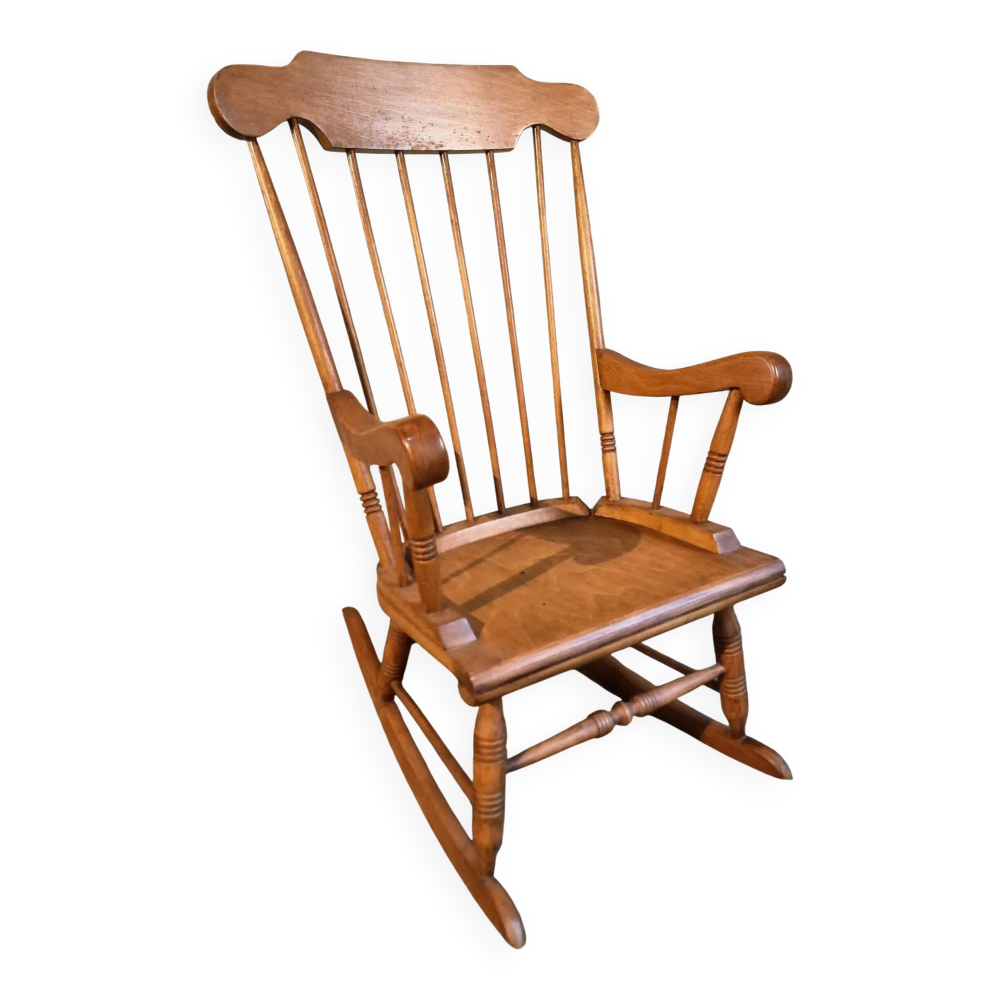 Vintage French Beech Rocking Chair – Mid-20th Century Windsor Style