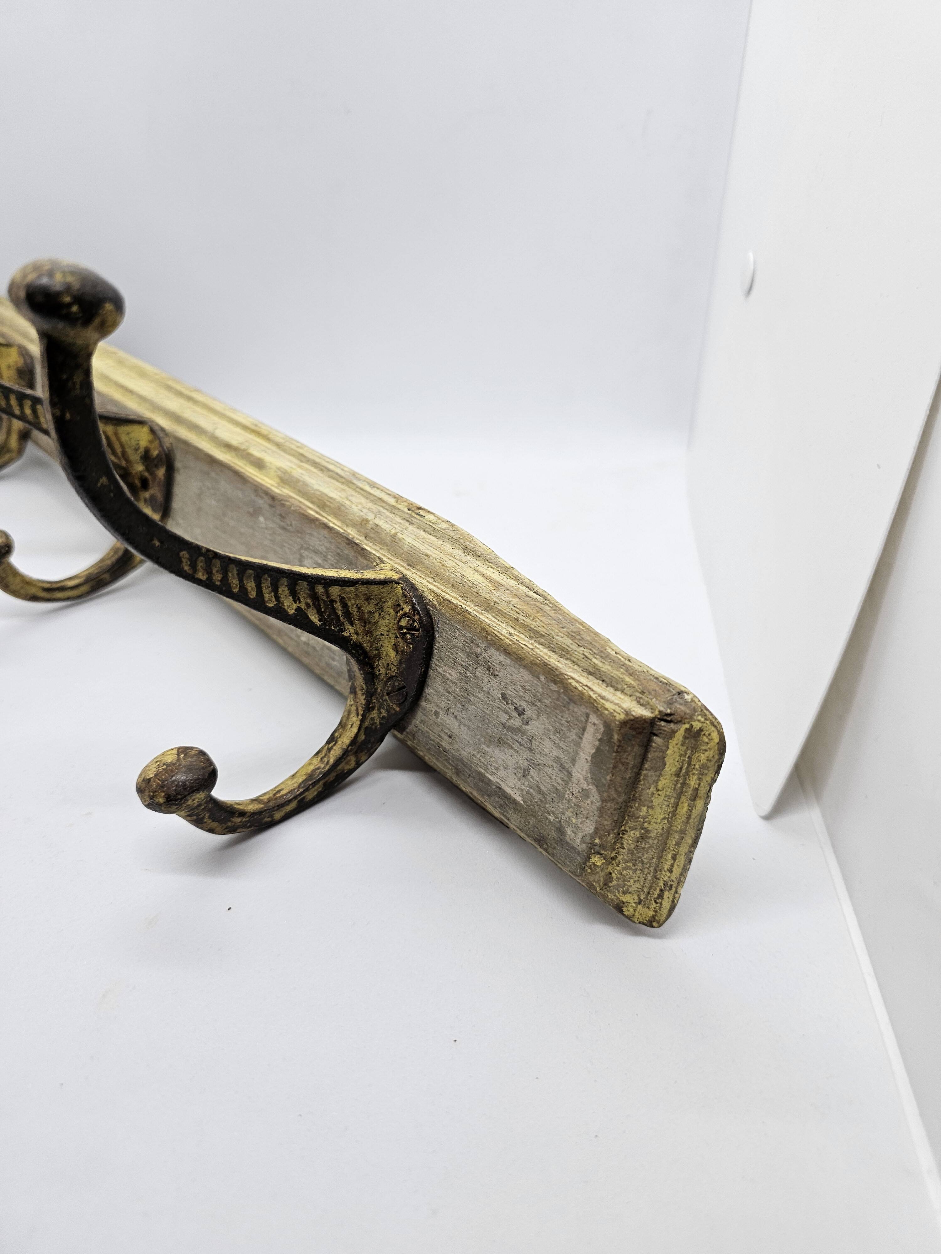 Solid teak coat hook with 3 double cast iron hooks