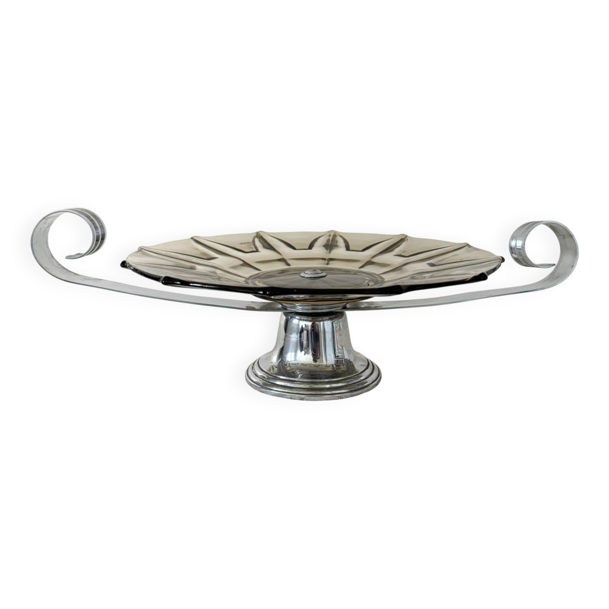 Art Deco smoked glass and aluminum bowl – France, 1935–50s