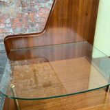 G-Plan headboard from the 1960s in brown wood, with integrated bedside tables and glass tops.