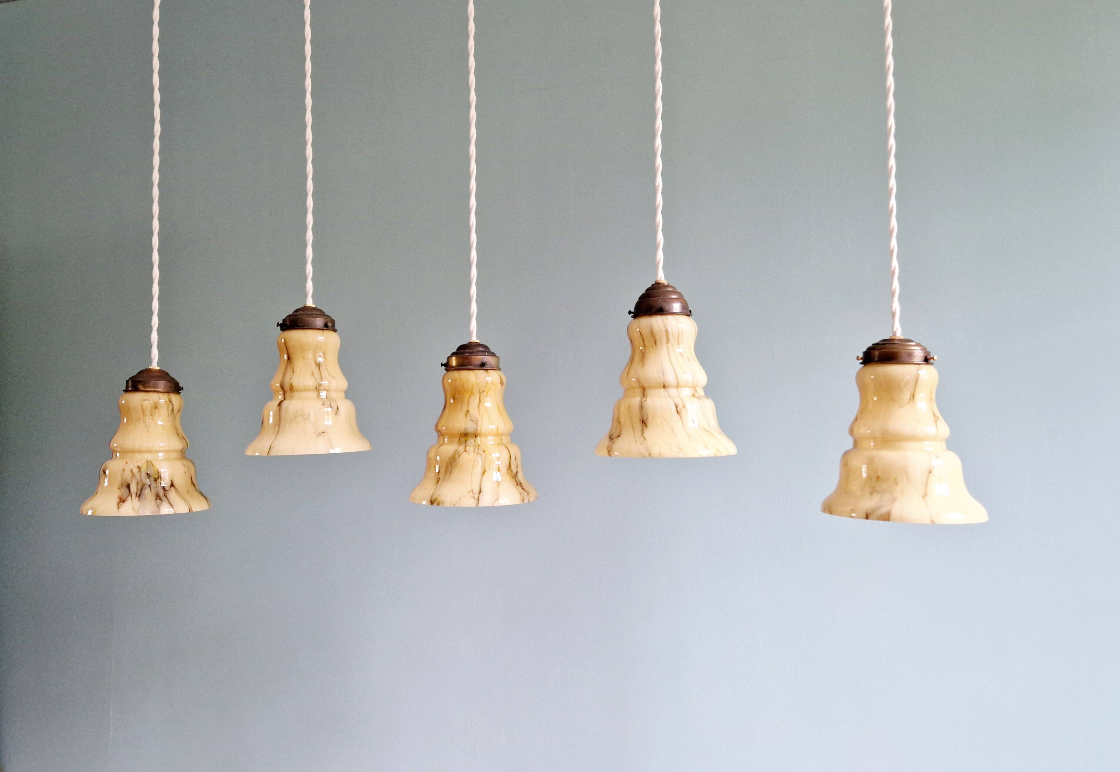 Set of 3 Art Deco marbled opaline pendant lights, 1920s-30s