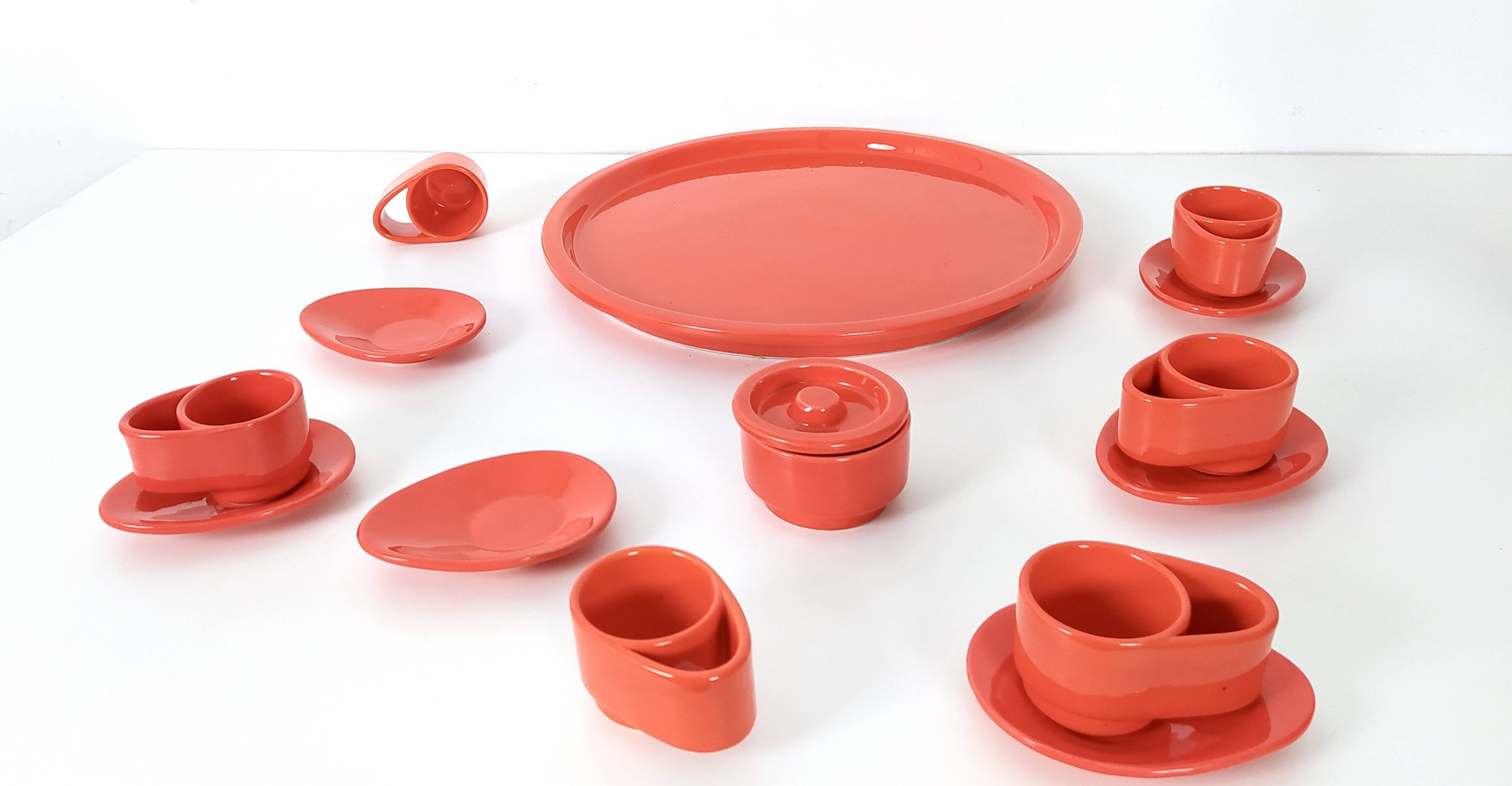 Set of Six Postmodern Vermilion Cups, Sugar Bowl and Plate by Parravicini