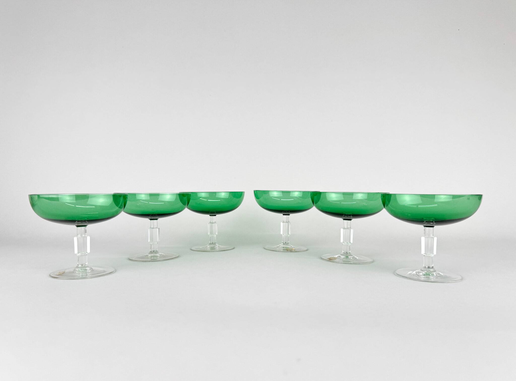 Set of Six Art Deco Stemmed Glasses, Czechoslovakia