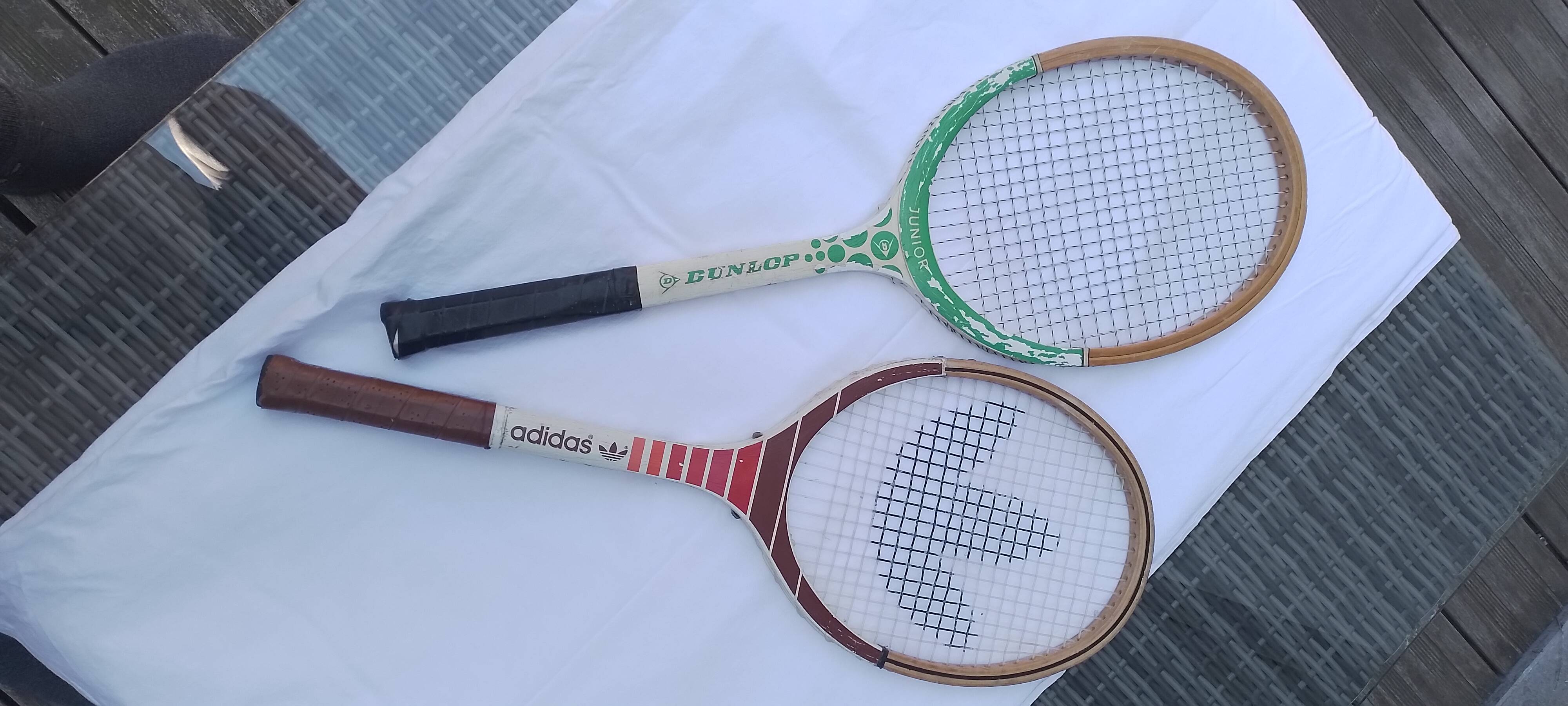 2 vintage Adidas and Dunlop 70' wooden tennis rackets