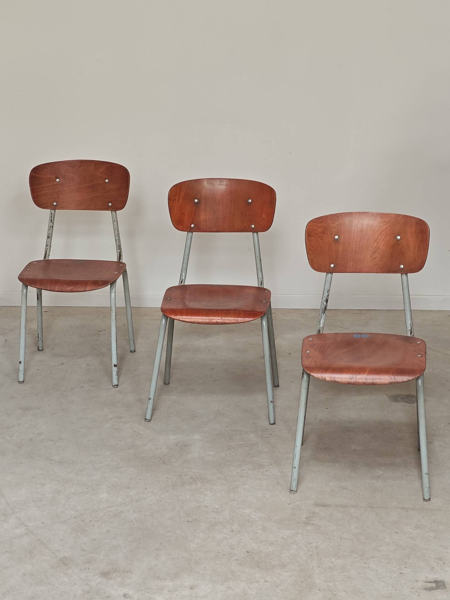 Set of 3 Czech school chairs in metal and wood.