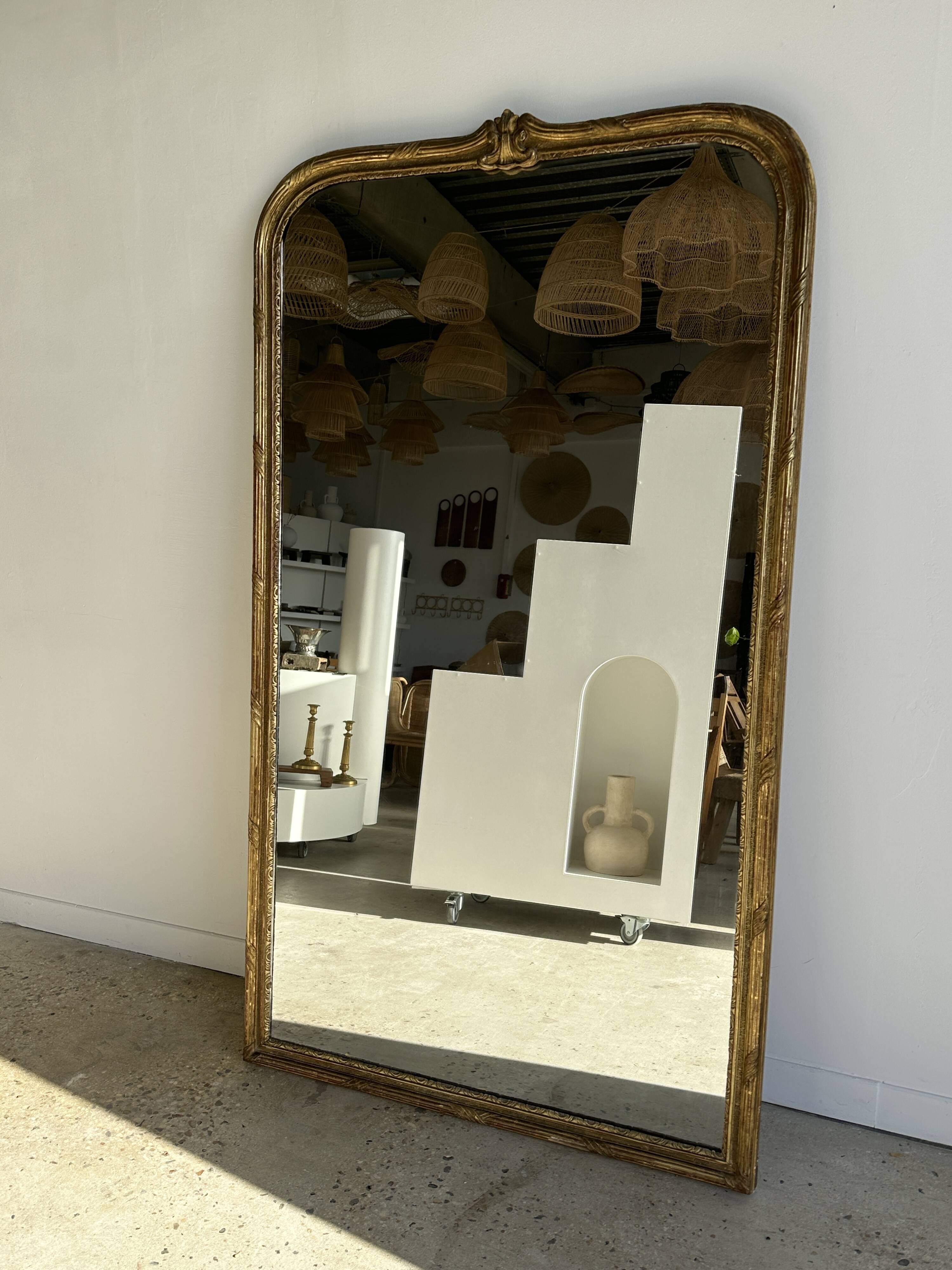 Large gilded mirror 19th century rounded corners mercury glass Louis XVI style