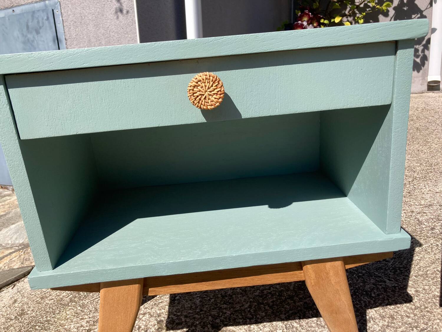 Pair of vintage bedside tables with compass feet/green