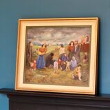 Peinture à l’huile moderniste suédoise originale « Paysage avec des gens » de Tage Rhodin (1899-1983). - Encadré