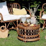 Rattan bench with white cushion