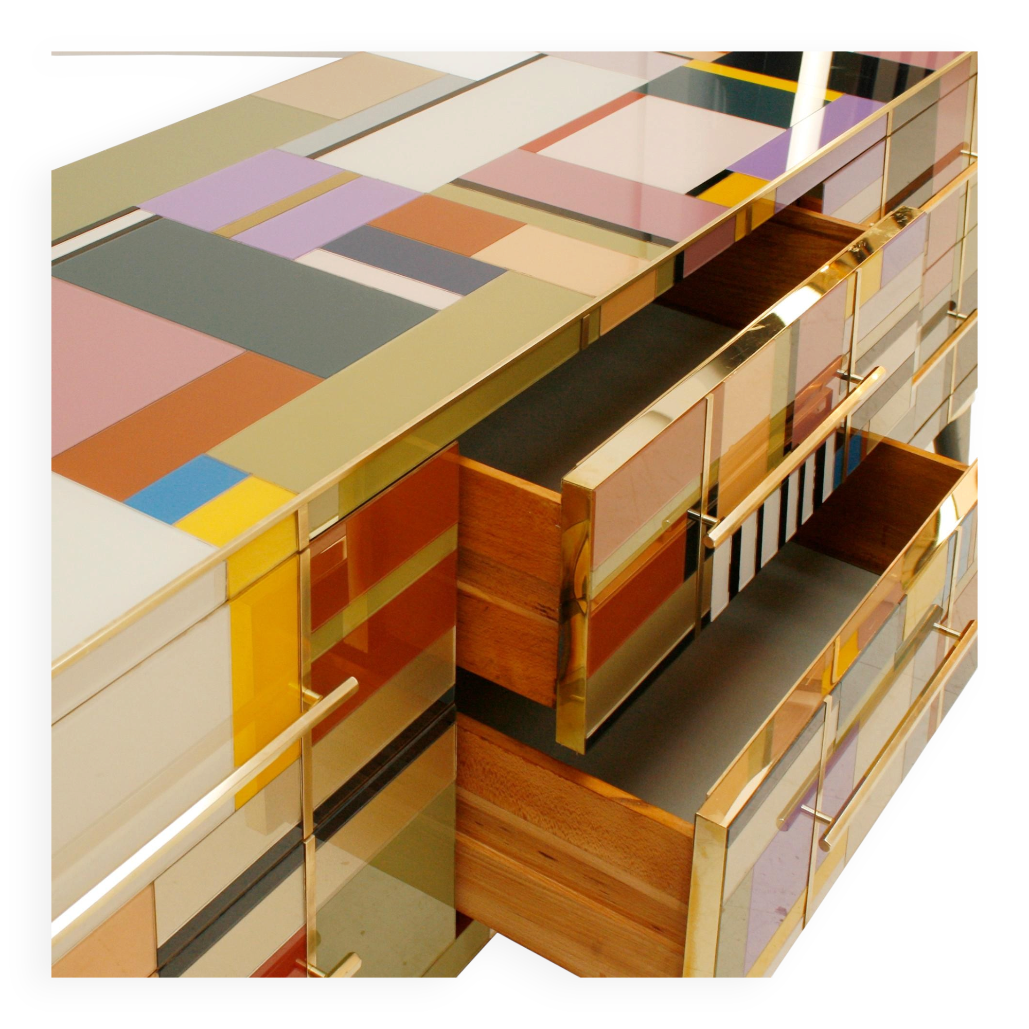 Mid Modern Style Italian Sideboard, Solid Wood & Colored Glass, Six Drawers