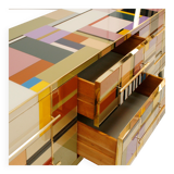 Mid Modern Style Italian Sideboard, Solid Wood & Colored Glass, Six Drawers
