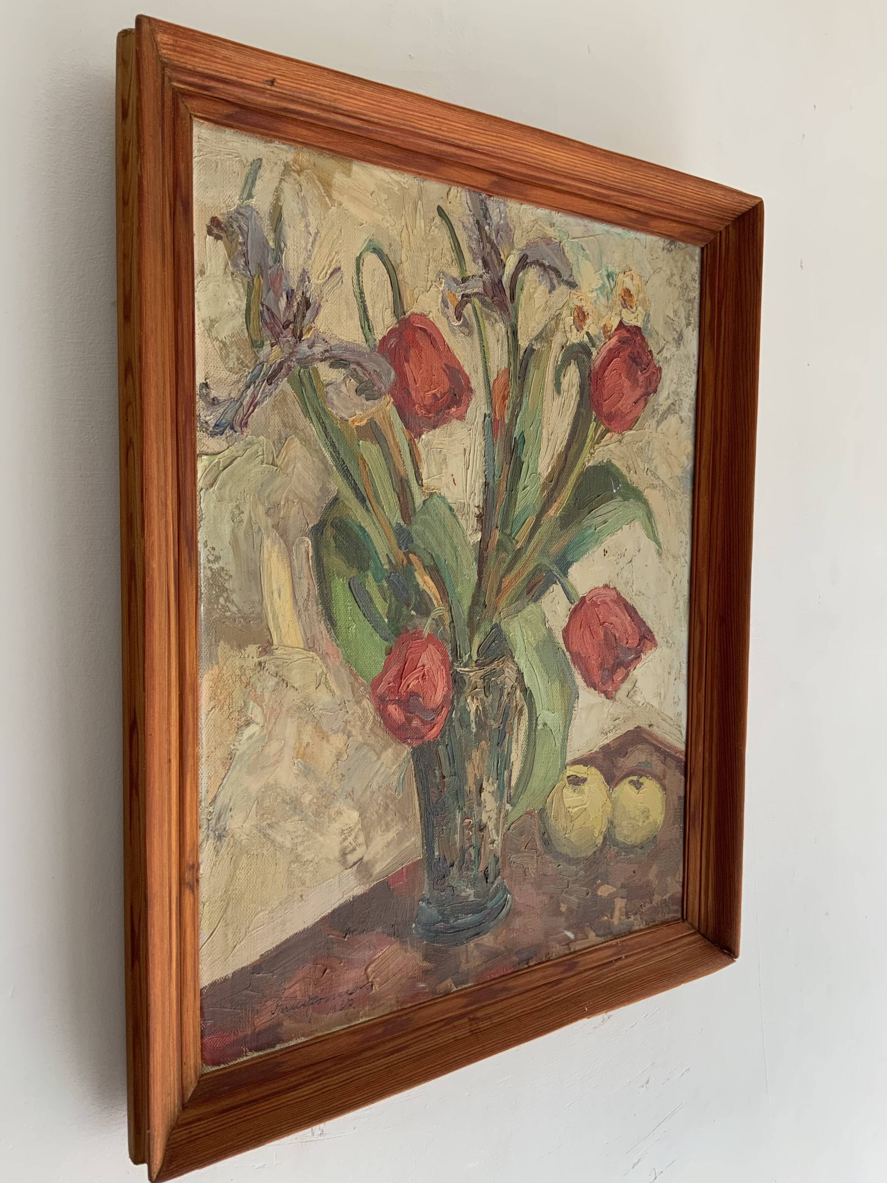 Vintage Still life with Tulips and apple, Oil Painting signed by M. Jonsson