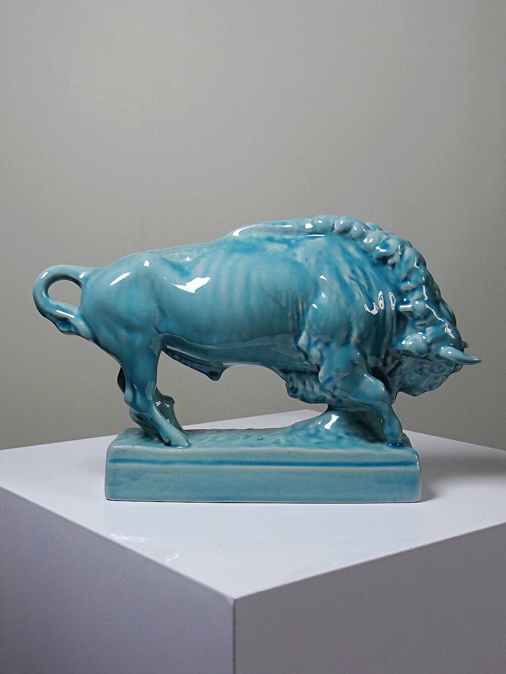 Bison Zsolnay in turquoise glazed earthenware, Hungary, 1940s-50s.