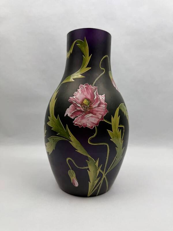 Art Nouveau vase in purple enamelled glass with poppy decoration, Poschinger circa 1900