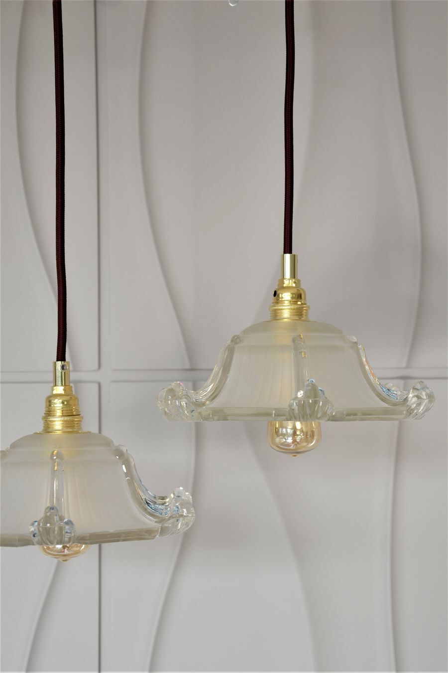 Two art deco glass hanging shape pagoda