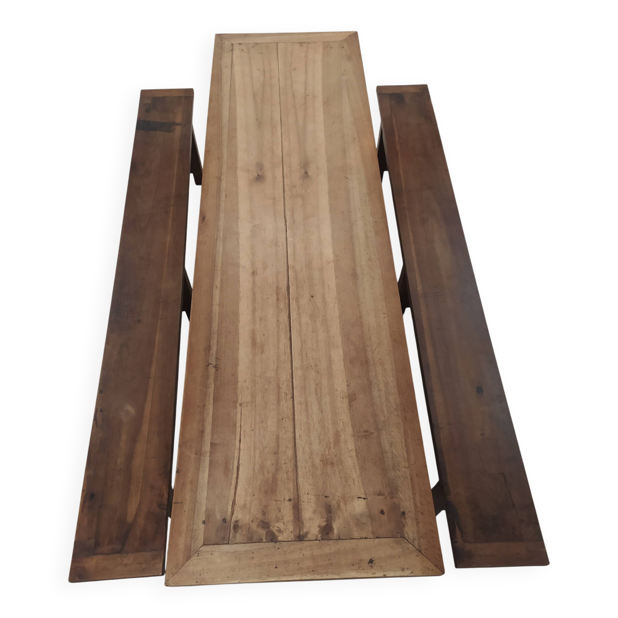 19th-century solid walnut farmhouse table, benches, extensions, Ardèche.