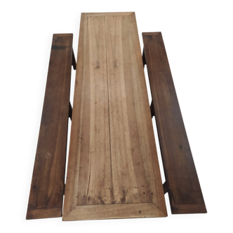 19th-century solid walnut farmhouse table, benches, extensions, Ardèche.