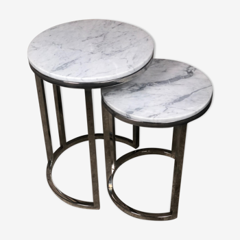 Table gigogne en acier chromé dessus marbre vintage 80'S