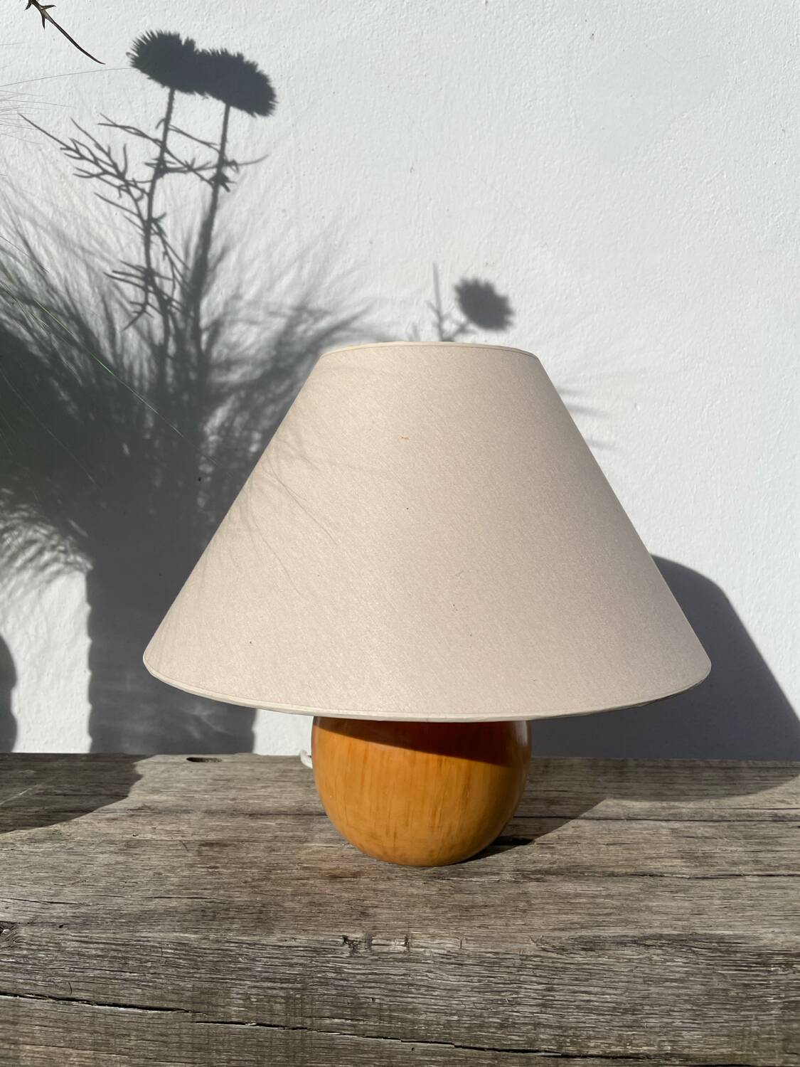 Wooden ball lamp with beige lampshade, 1980