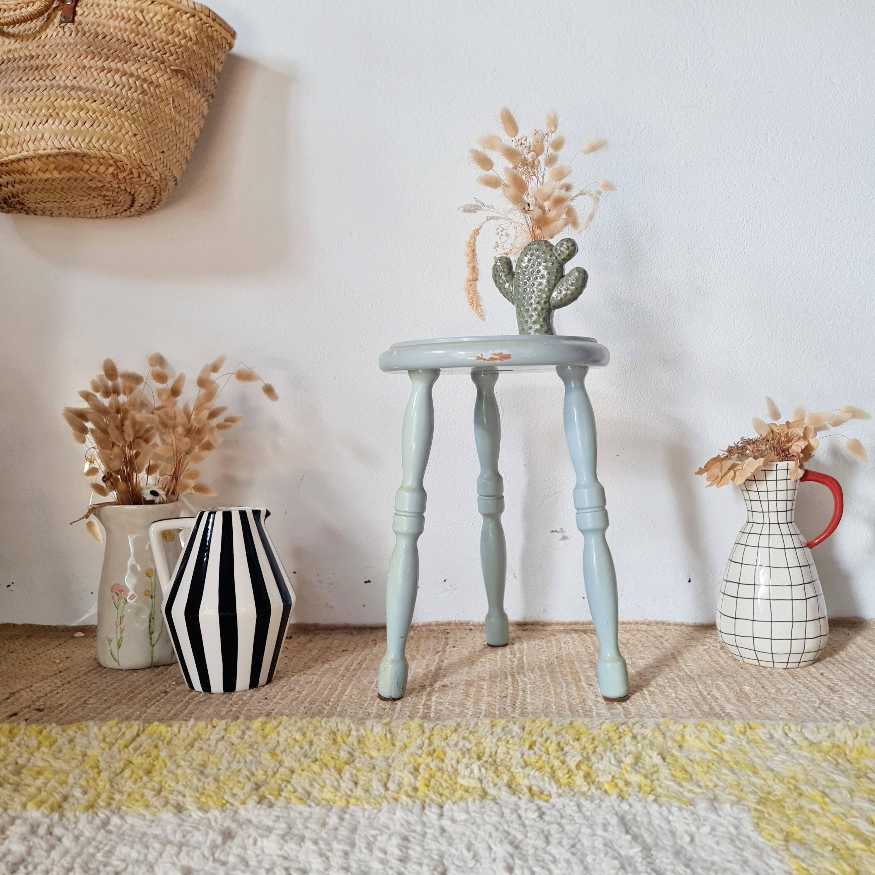 Antique tripod stool, solid wood, blue.