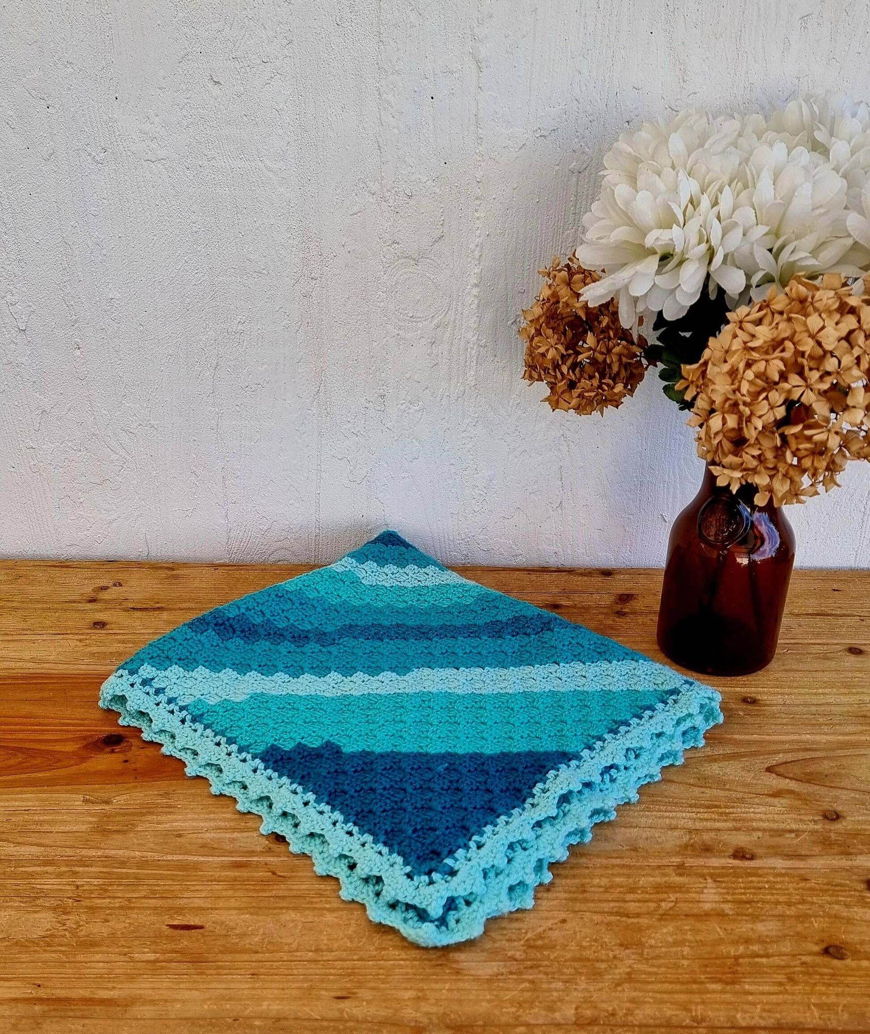 Vintage turquoise and lagoon blue crochet children's blanket