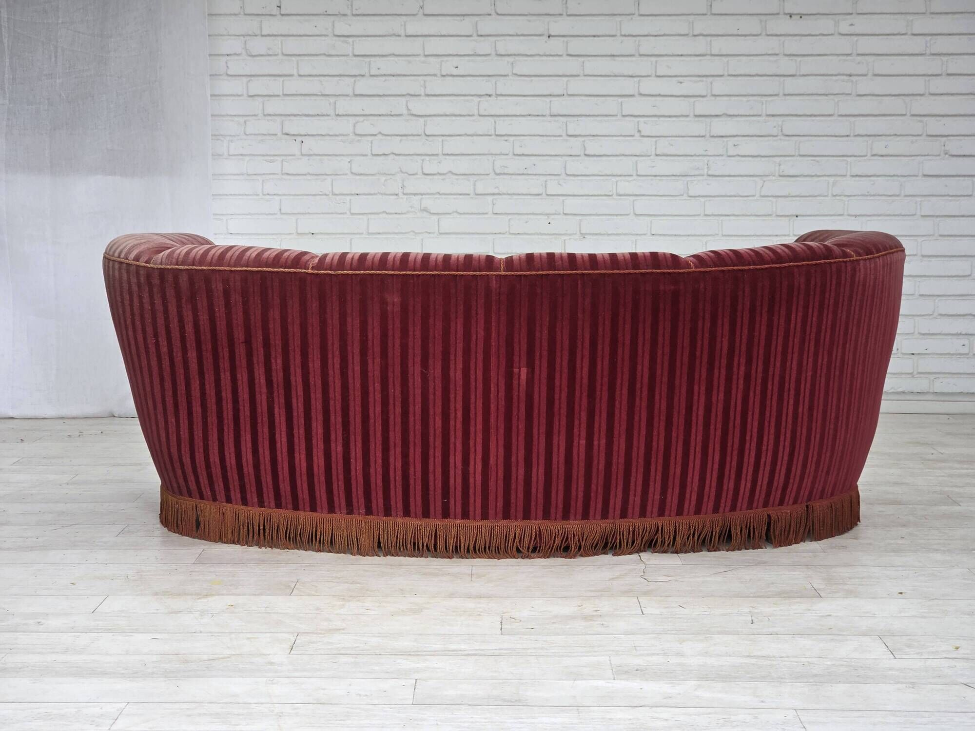 1960s, Danish 2-seater "Banan" sofa, furniture velour, oak wood.