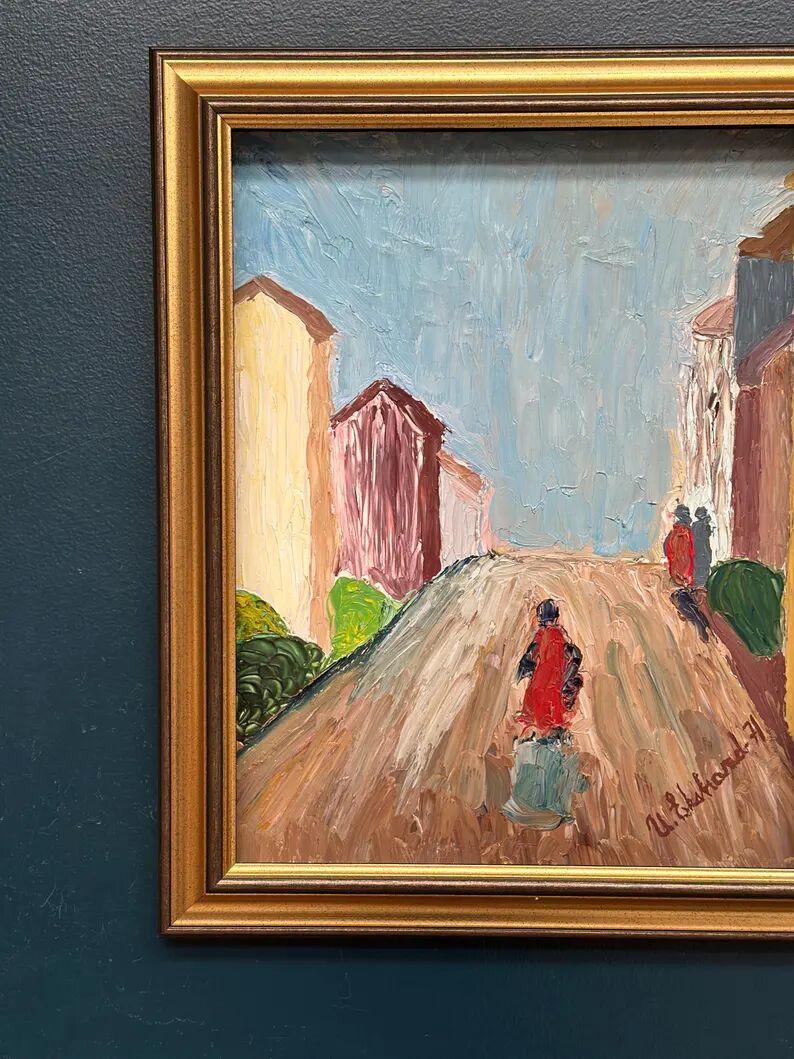 Original Swedish Oil on Panel – “Street Scene” by U. Ekshard – Signed – Dated 1971 – Vintage & Framed