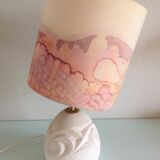 Ovoid lamp in carved stone and printed lampshade / vintage 60-70s