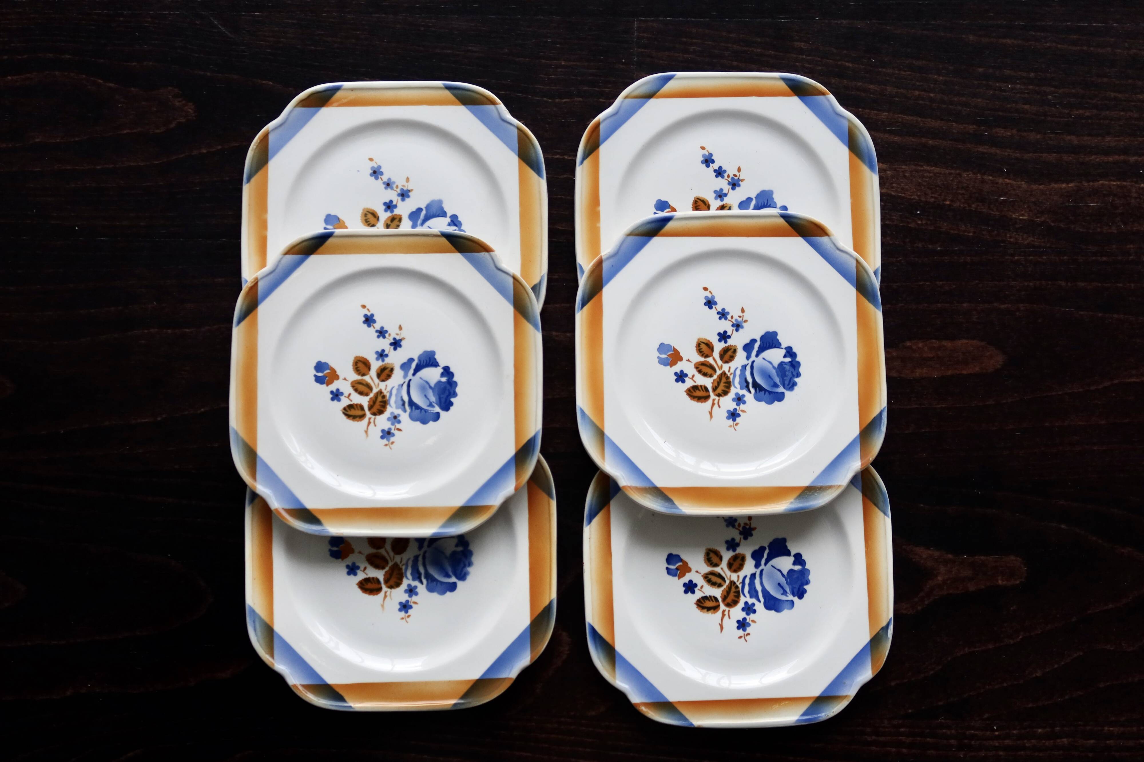 6 assiettes à dessert vintage carrées en faïence Saint Amandinoise