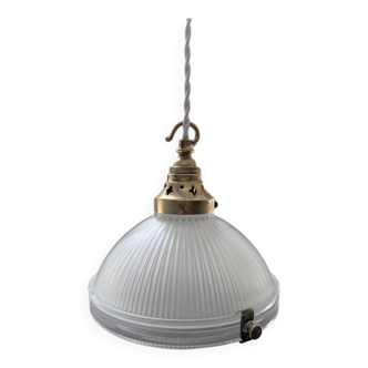 suspension ancienne verre pressé opalescente baladeuse signée Holophane
