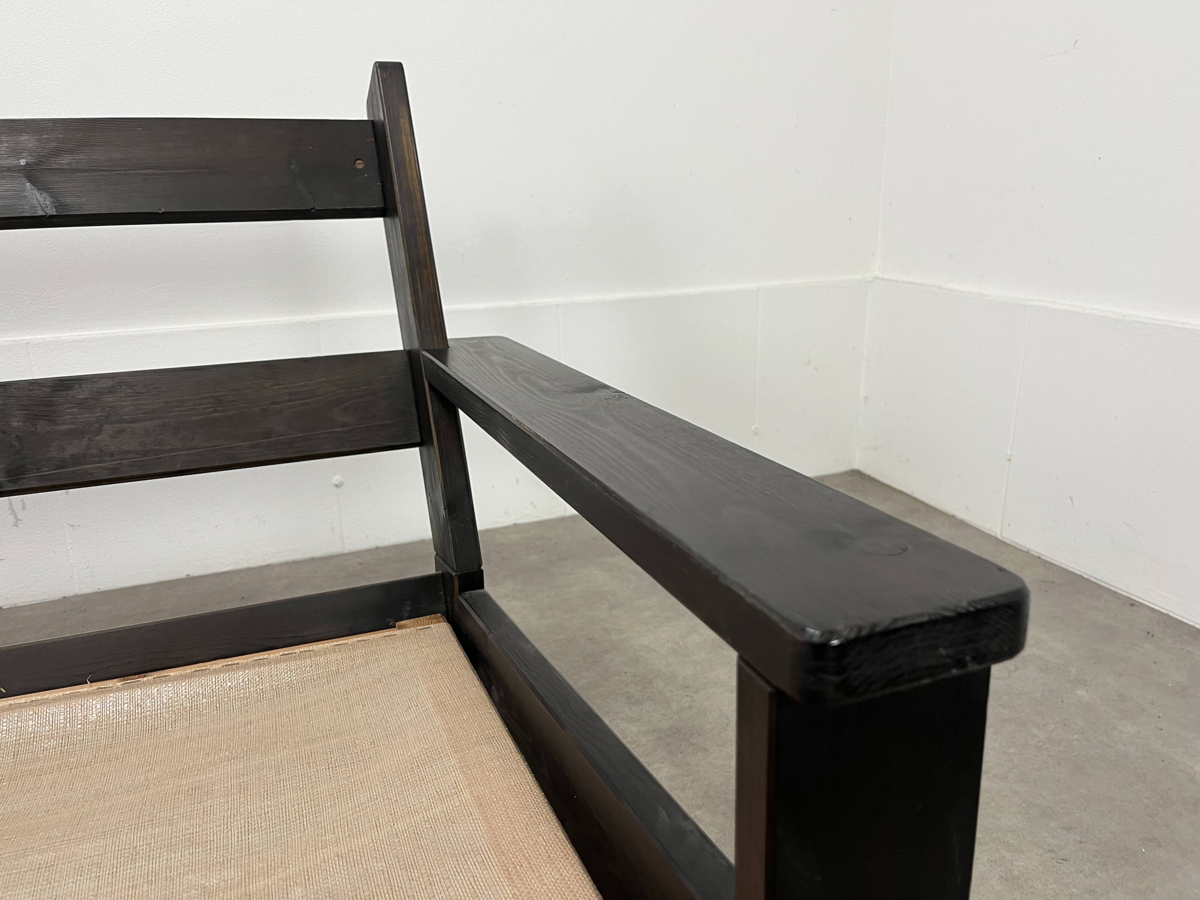 Living room sofa and brutalist armchairs in leather and wood, 70s, chalet style