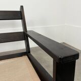 Living room sofa and brutalist armchairs in leather and wood, 70s, chalet style