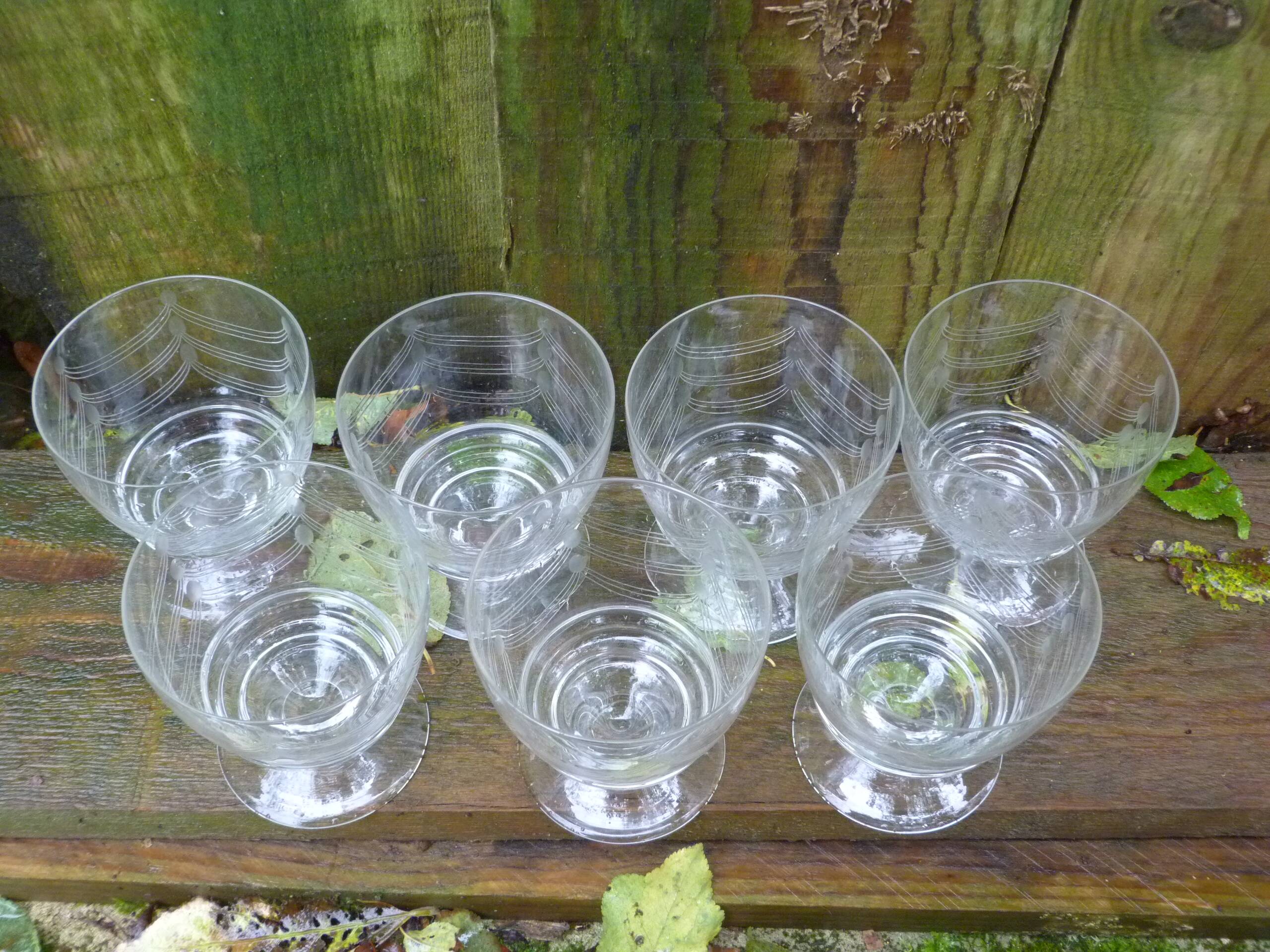 Antique engraved crystal stemmed wine glasses set of 7